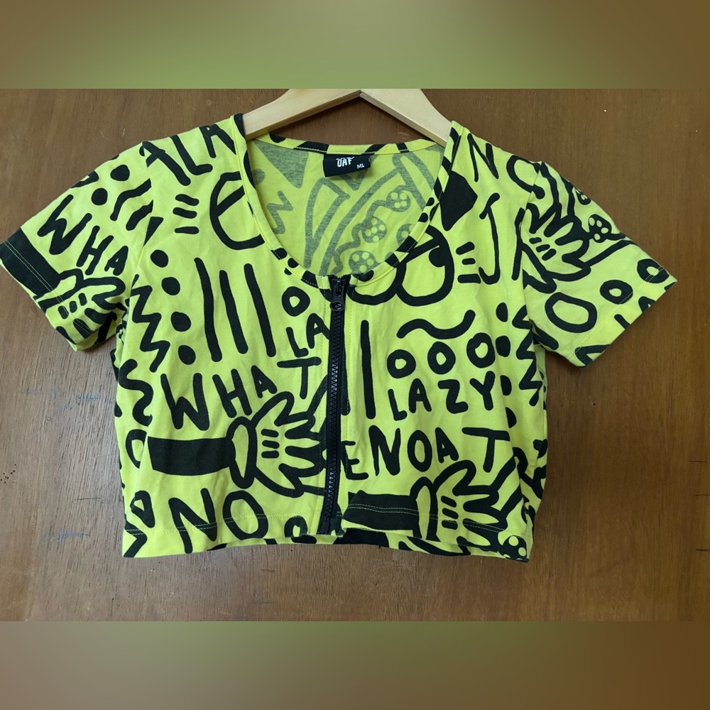Lazy Oaf Neon Yellow and Black Graphic Zip-Front Crop Top